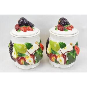 Vintage KMC Paradise Ceramic Canisters Set 2 3D Fruit Motiff Cookie Jars 7.5"